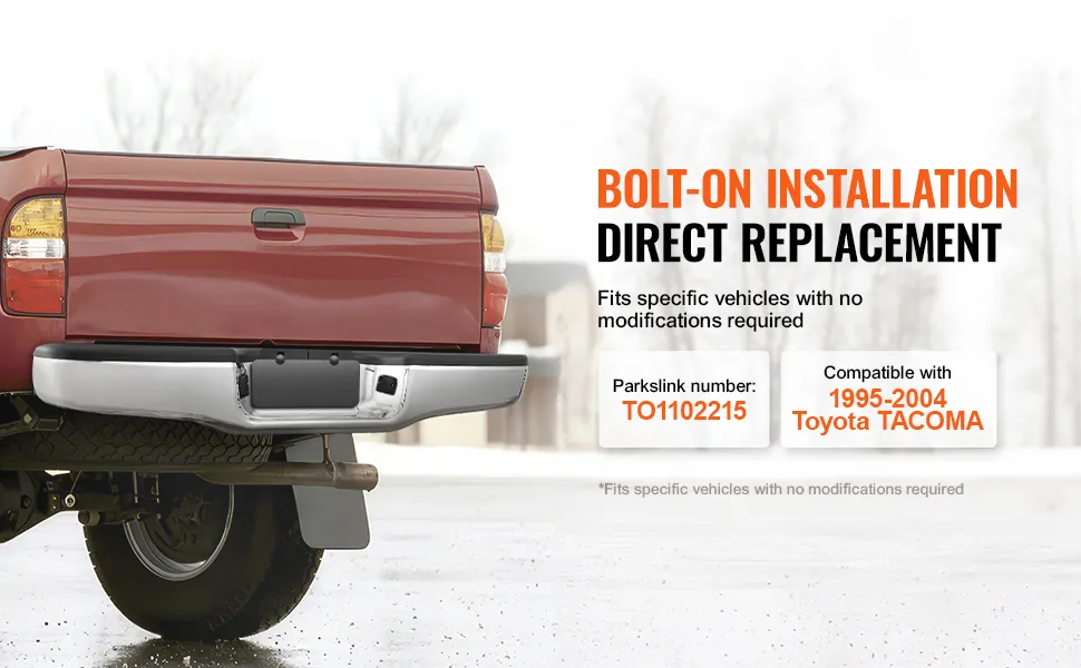 red toyota tacoma with VEVOR rear bumper, featuring bolt-on installation and direct replacement.