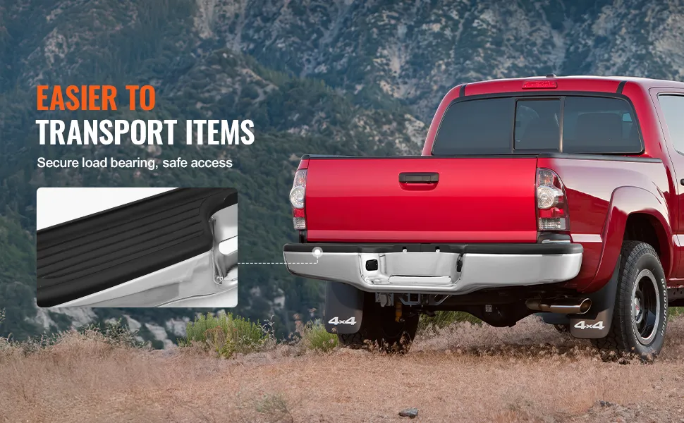 red toyota tacoma with VEVOR rear bumper in a mountainous landscape, close-up of bumper detail.