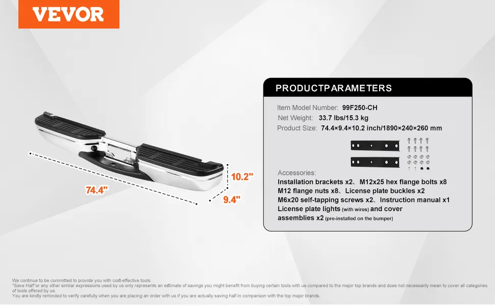VEVOR rear bumper for ford f250 with dimensions and detailed product parameters on a grey background.
