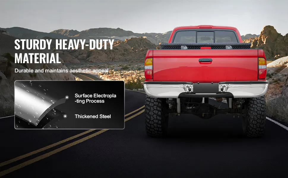 red ford f250 with a VEVOR rear bumper on a mountain road, showcasing heavy-duty material benefits.