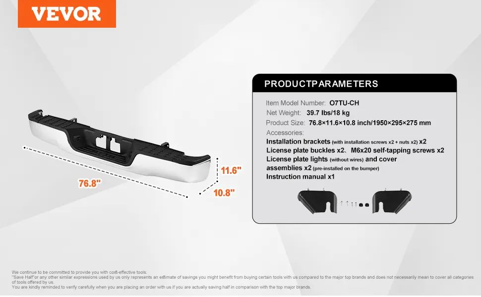 VEVOR tundra rear bumper with installation brackets, license plate buckles, and lights, dimensions provided.