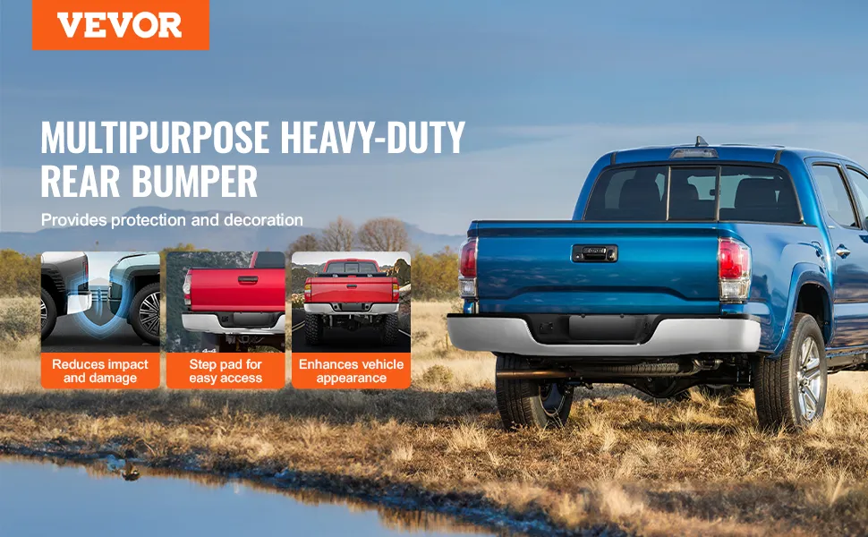 VEVOR tundra rear bumper on blue pickup truck highlighting impact reduction, step pad, and enhanced appearance.