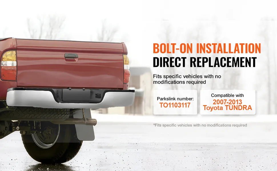 red truck rear view with VEVOR tundra rear bumper, text detailing bolt-on installation for toyota tundra 2007-2013.