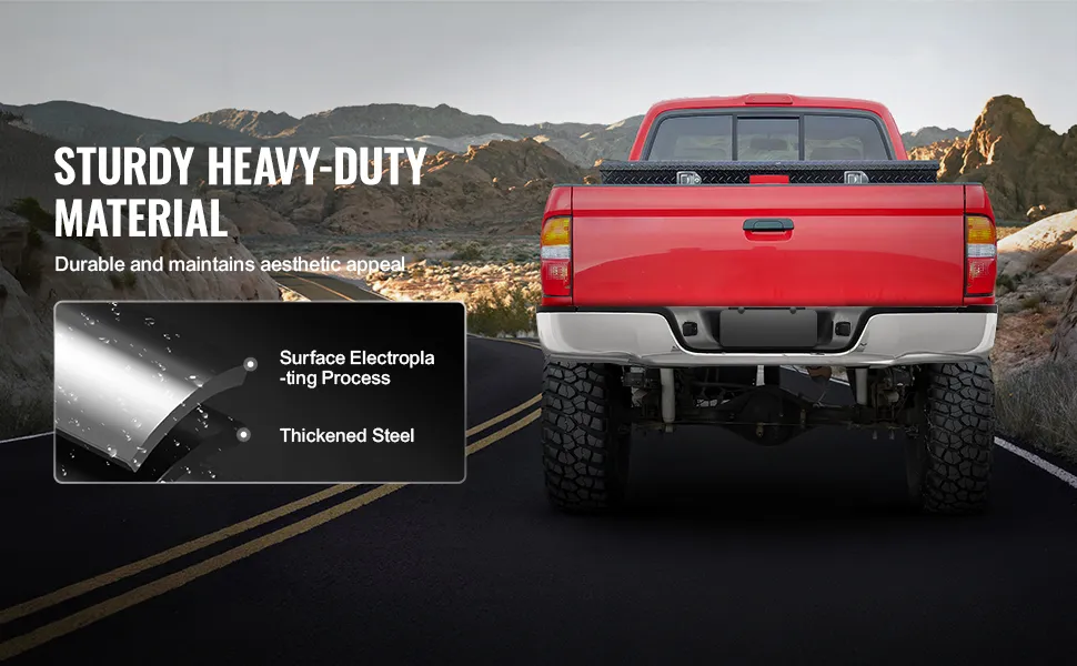 red truck with VEVOR tundra rear bumper on asphalt road, promoting heavy-duty material durability.