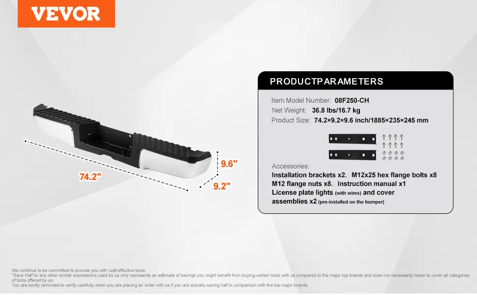 VEVOR rear step bumper ford f250/f350 dimensions and accessories; 74.2x9.2x9.6 inches, 36.8 lbs.
