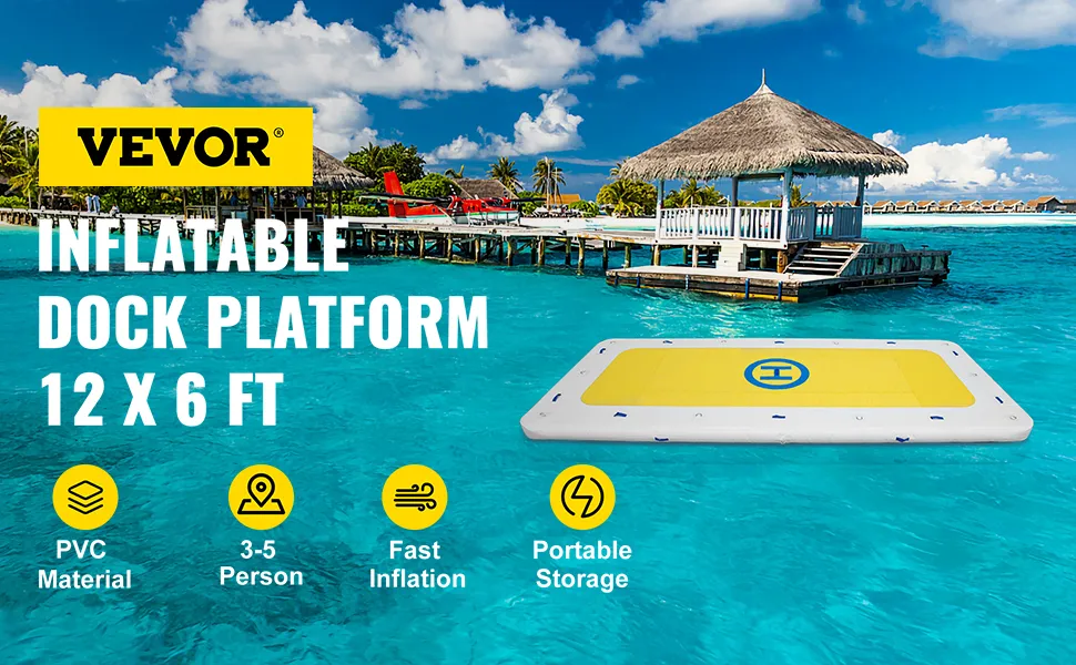 VEVOR inflatable dock platform 12x6 ft on clear blue water with tropical background.