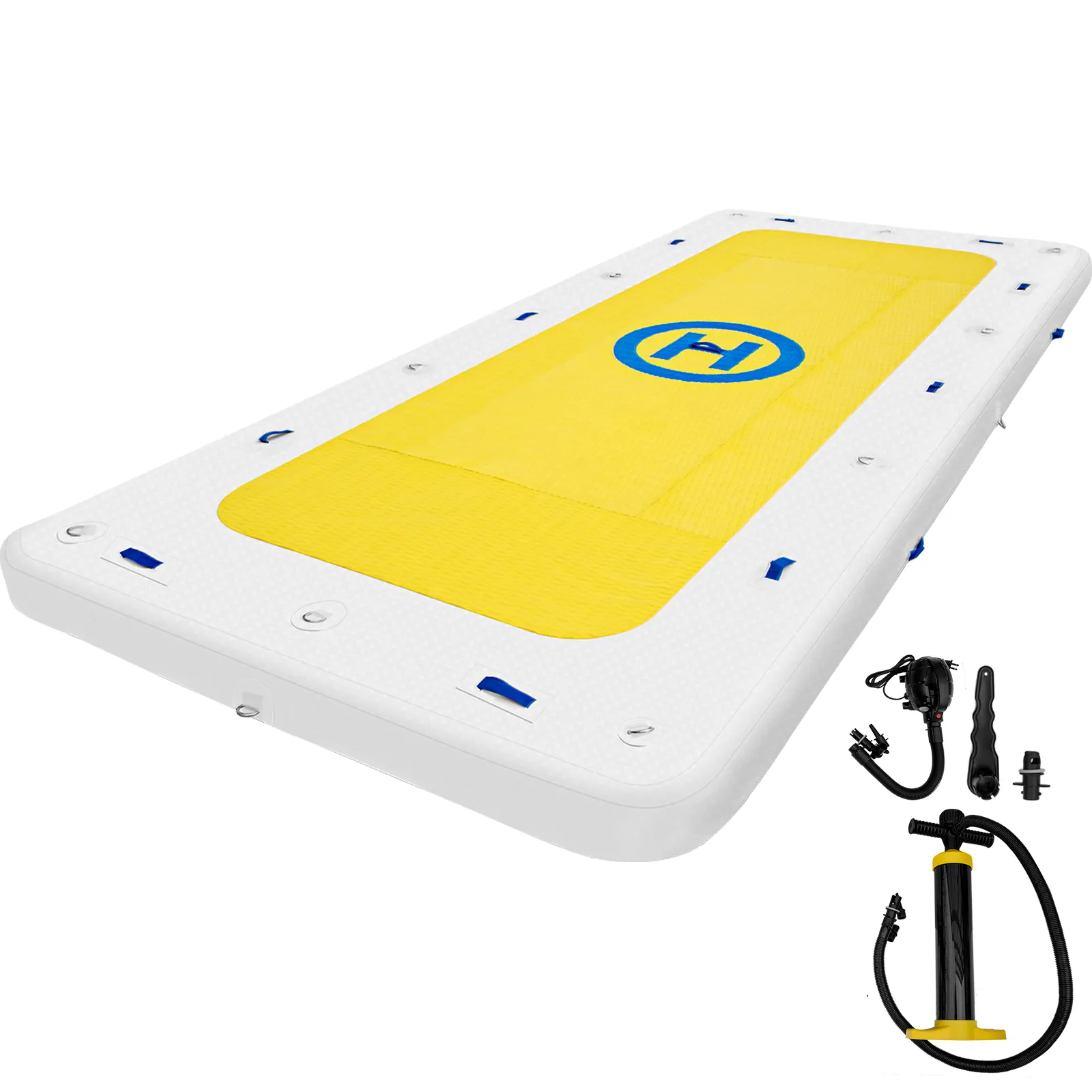 VEVOR inflatable dock with yellow deck and accessories including a pump and hose.