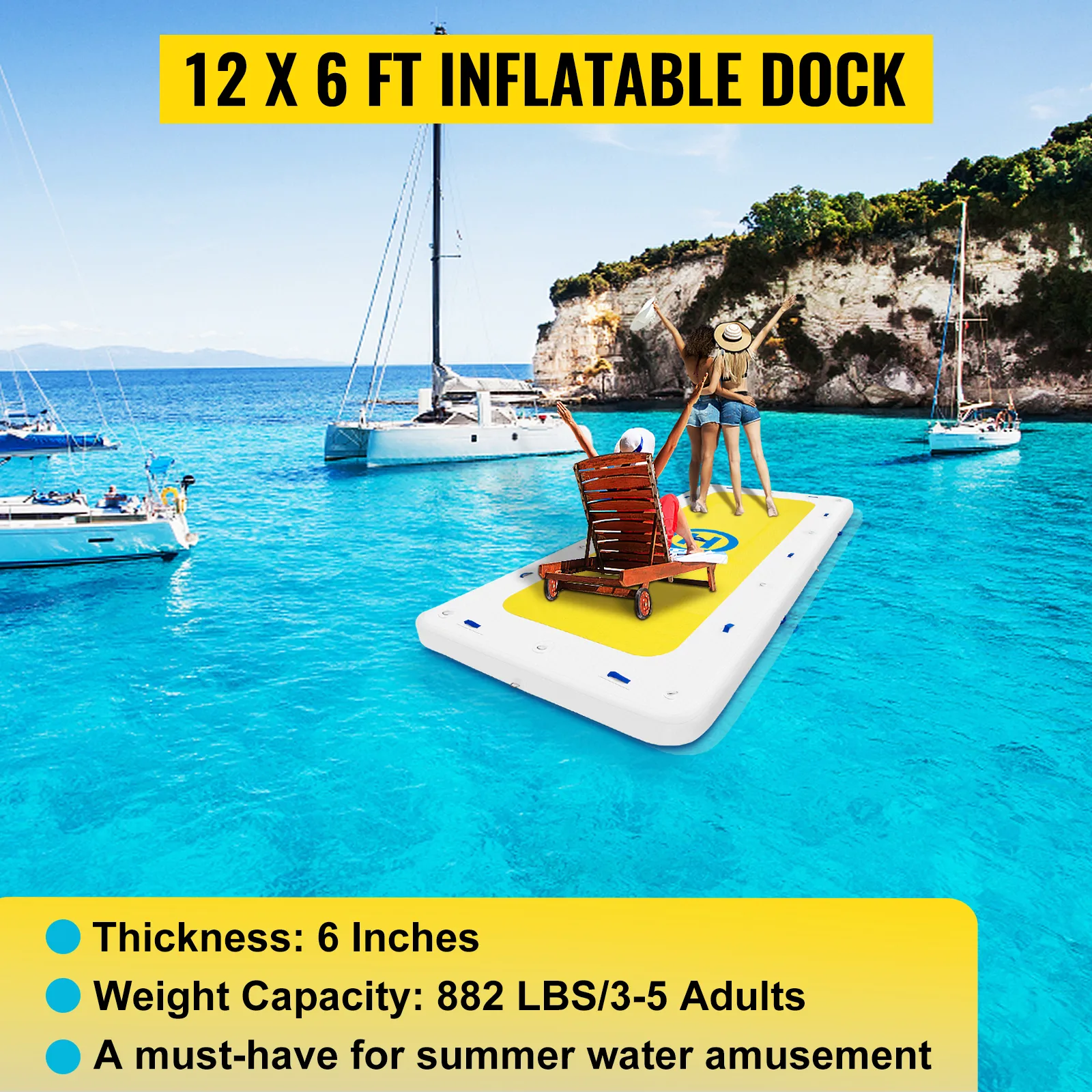 people enjoying a VEVOR inflatable dock on crystal-clear waters surrounded by yachts.