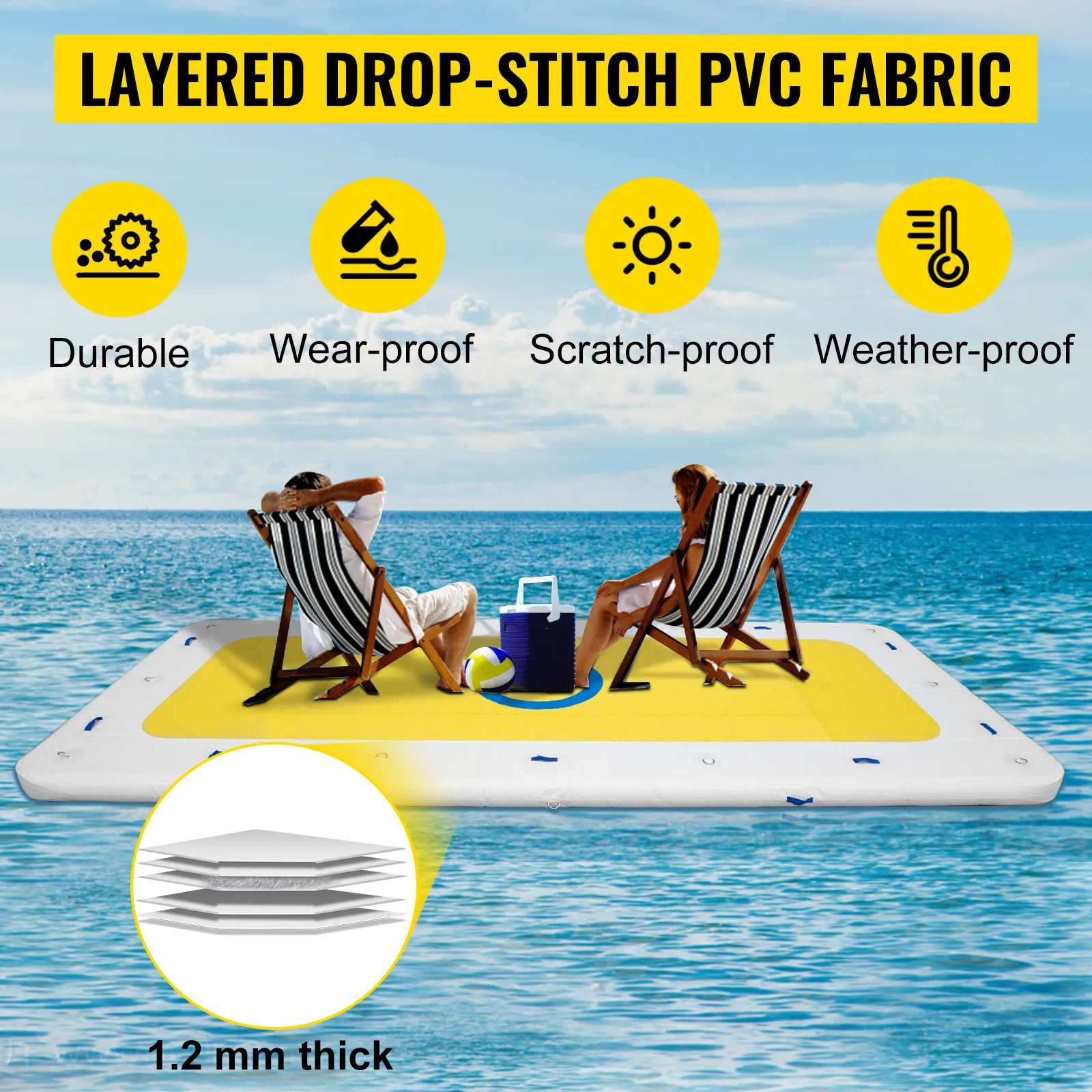 two people relaxing on a VEVOR inflatable dock with layered drop-stitch pvc fabric.