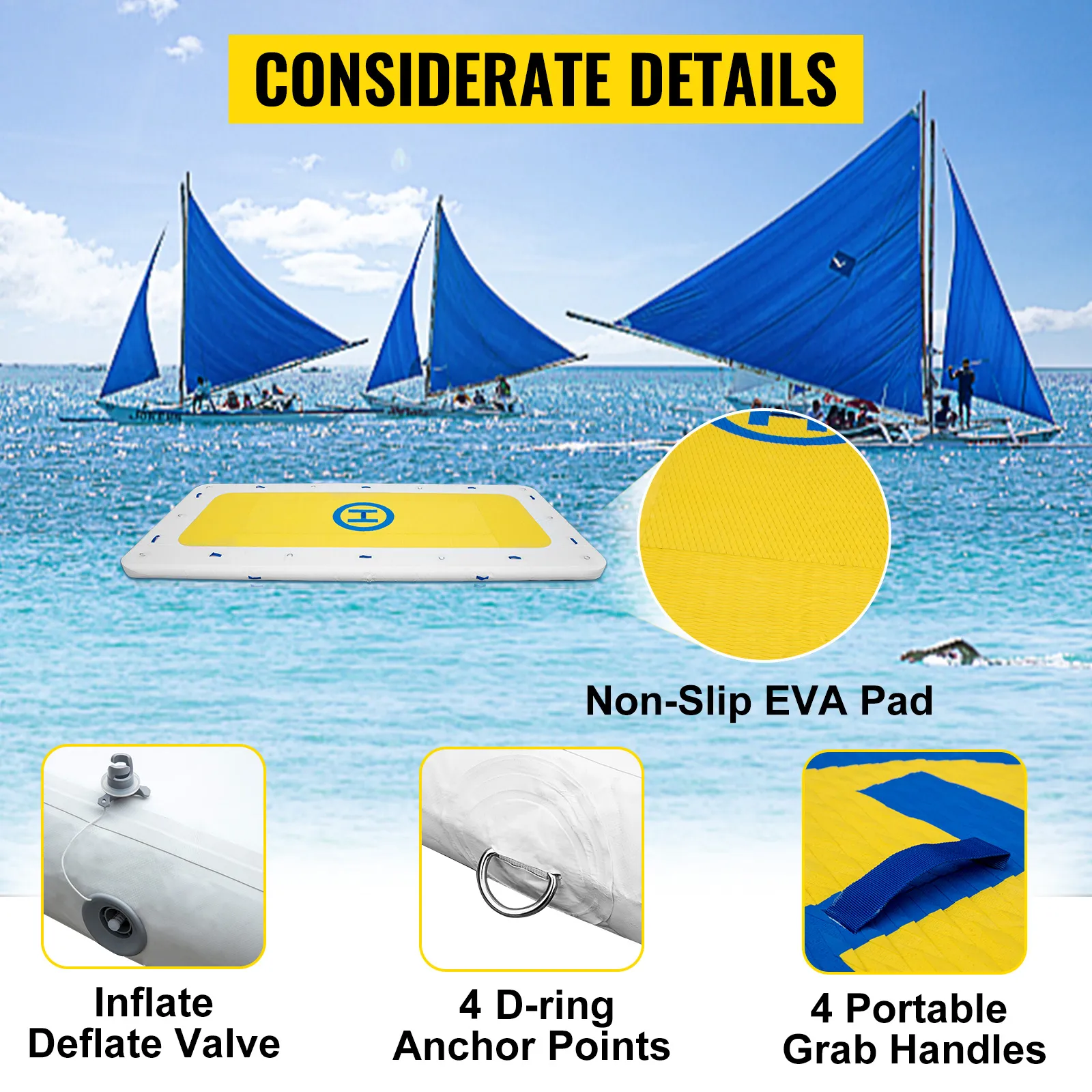 VEVOR inflatable dock with non-slip eva pad, 4 d-ring anchor points, and grab handles.