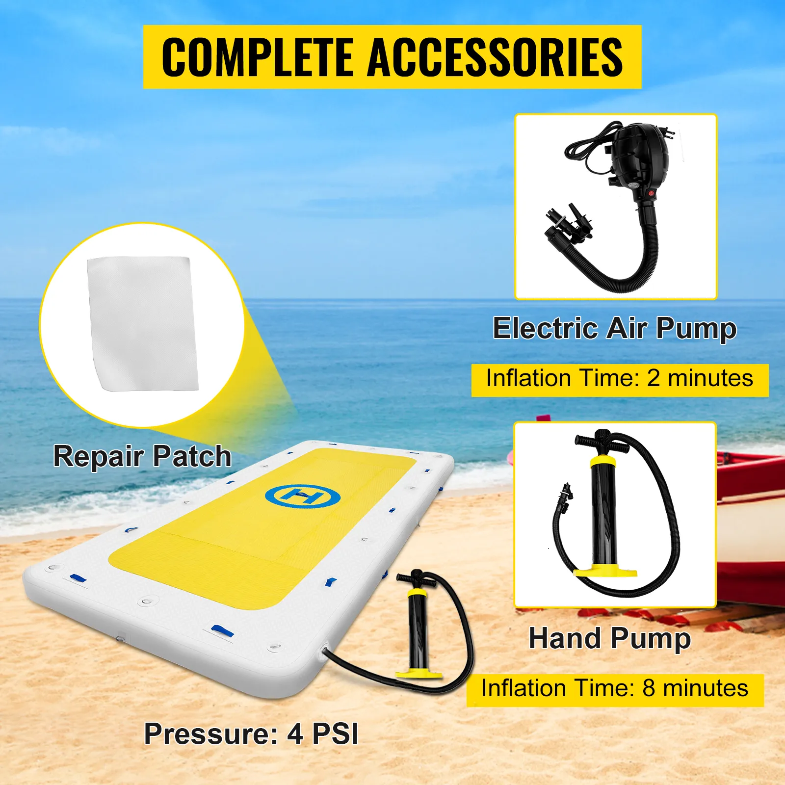 VEVOR inflatable dock with repair patch, electric air pump, and hand pump on the beach