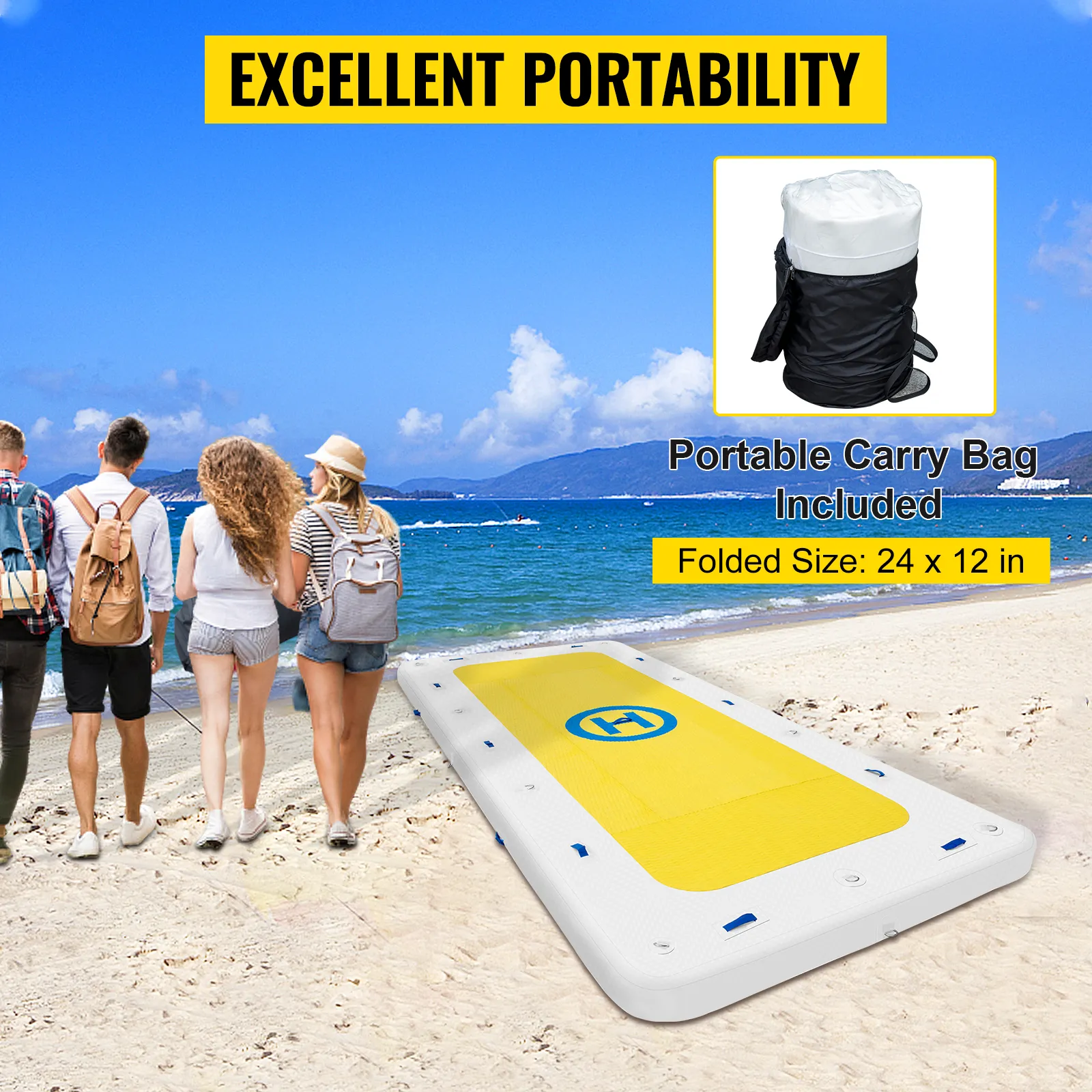 VEVOR inflatable dock on a beach with a portable carry bag, folded size: 24x12 inches.