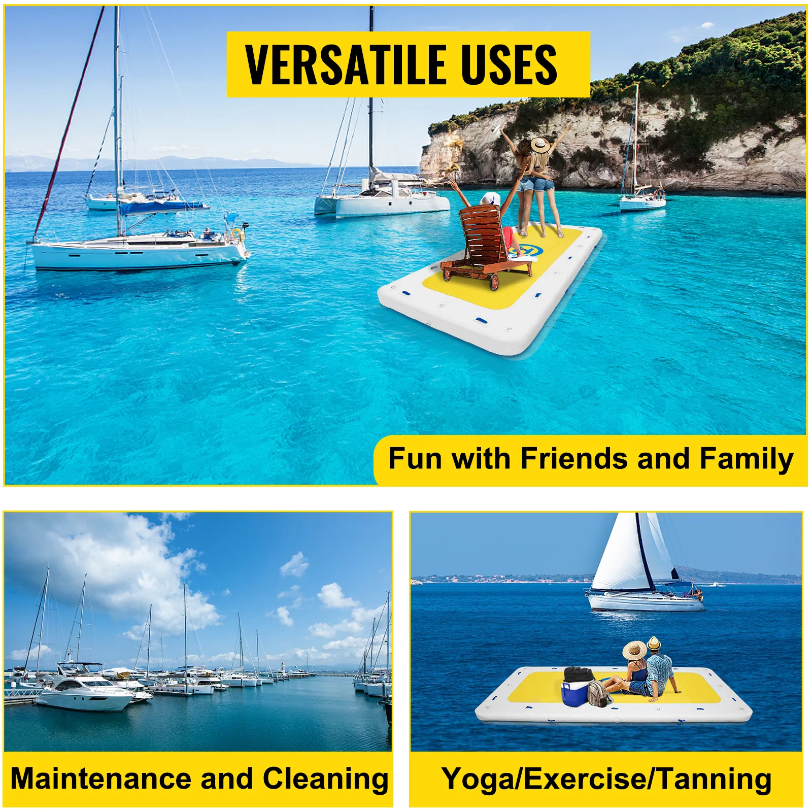VEVOR inflatable dock for family fun, boat maintenance, and yoga on water.