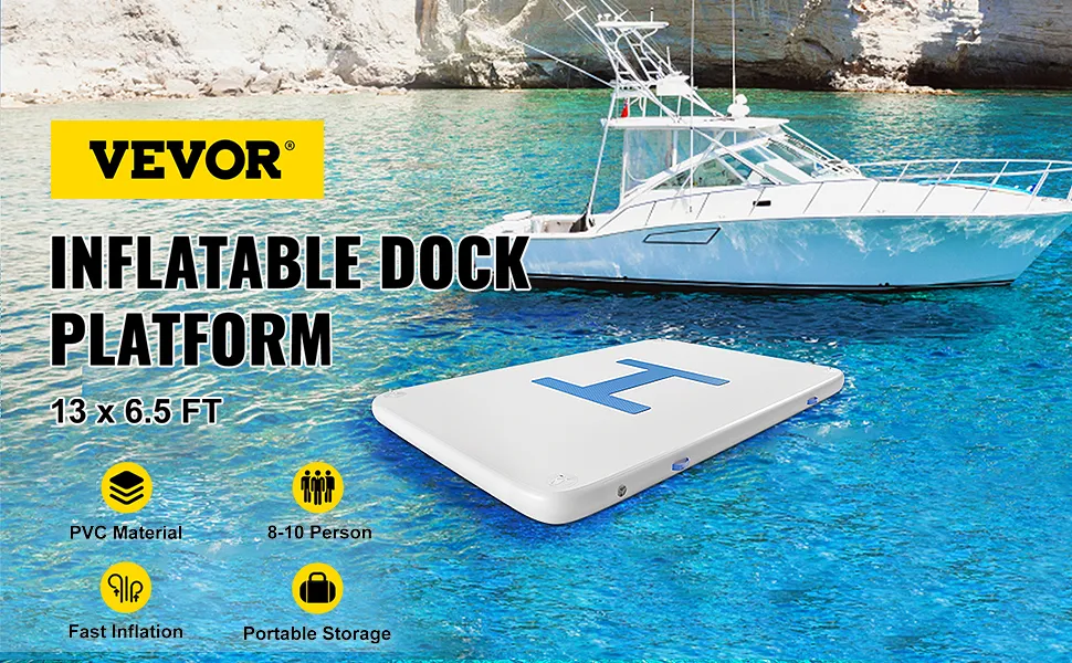 VEVOR inflatable dock platform near a boat on clear blue water, 13 x 6.5 ft size.