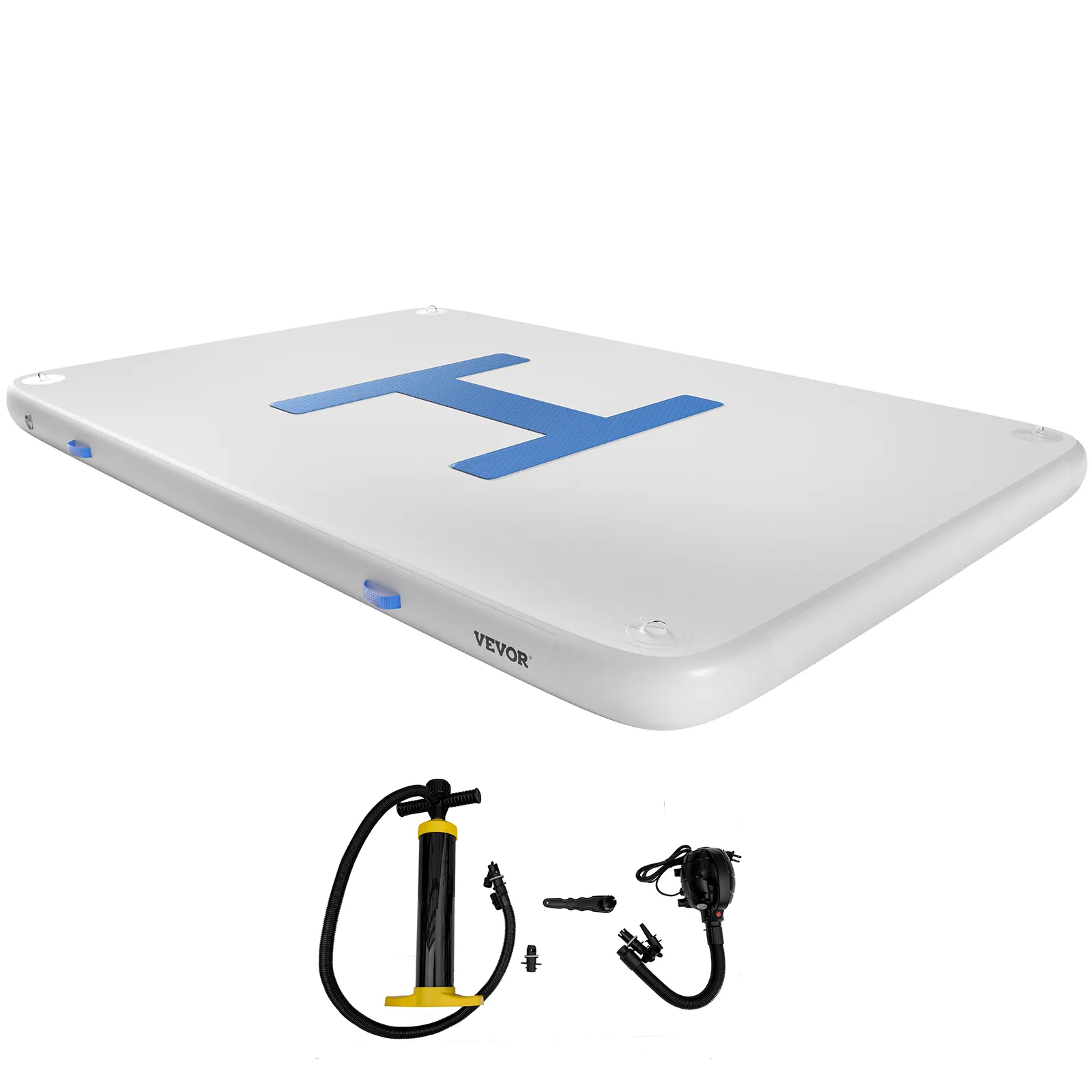 VEVOR inflatable dock platform with pump and accessories, featuring a blue "h" logo.