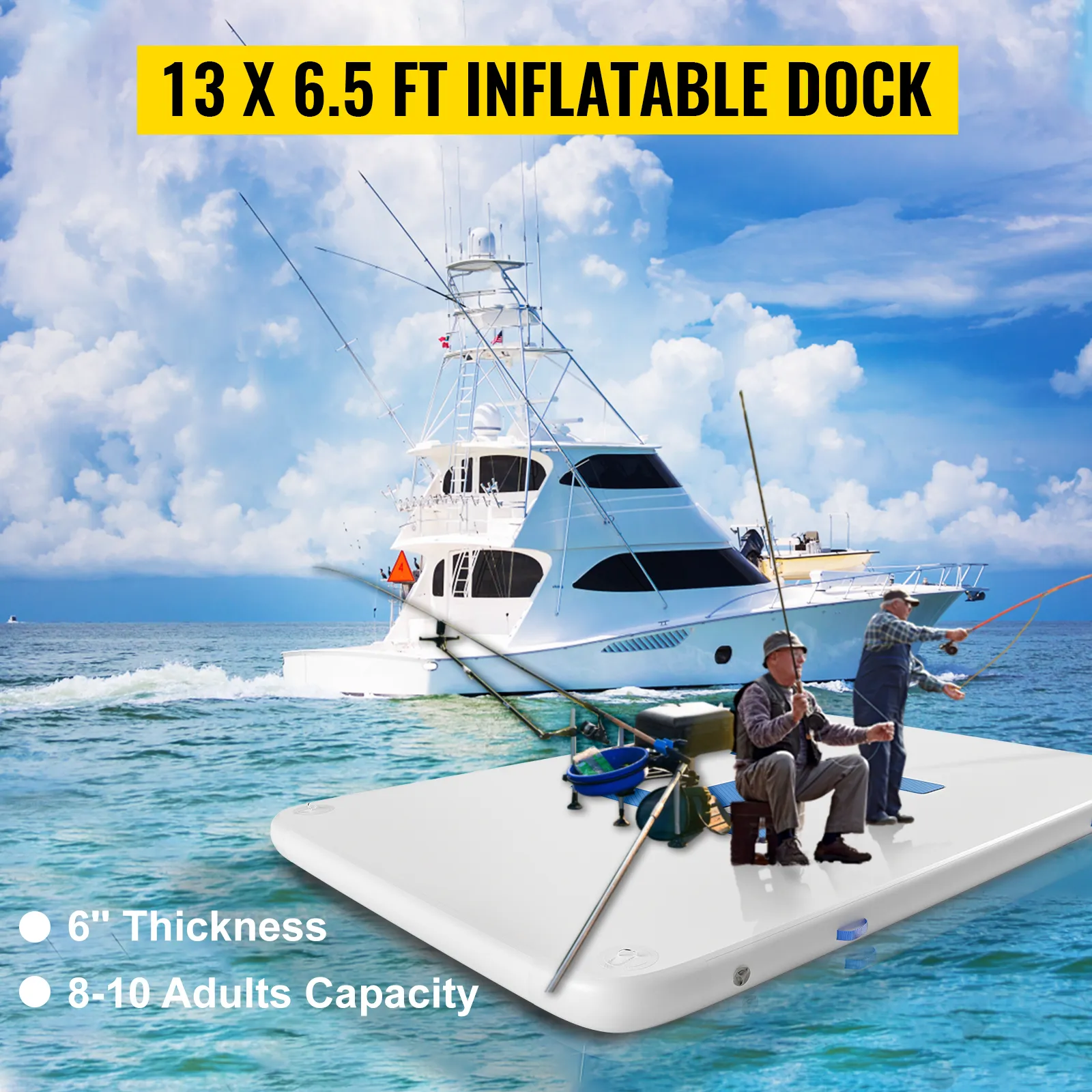 VEVOR inflatable dock platform on water with a boat in the background, 13 x 6.5 ft.