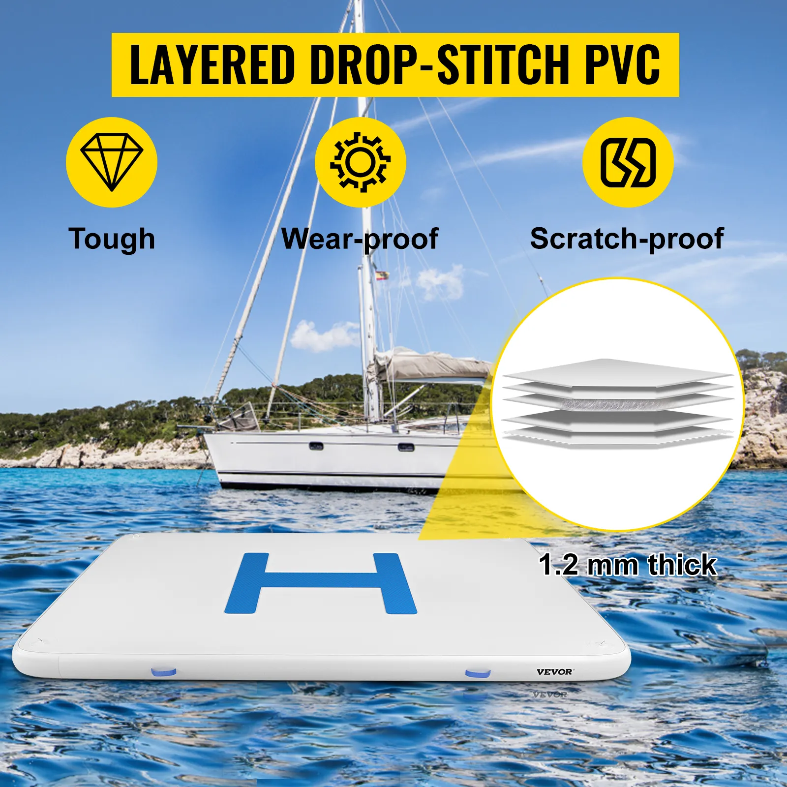 VEVOR inflatable dock platform on water with yacht, showing layered pvc construction.