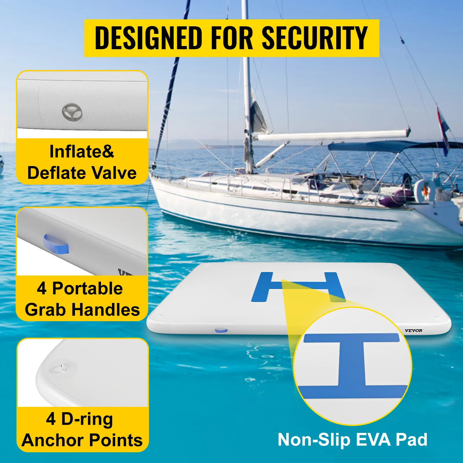 VEVOR inflatable dock platform with non-slip eva pad, grab handles, and d-ring anchor points.