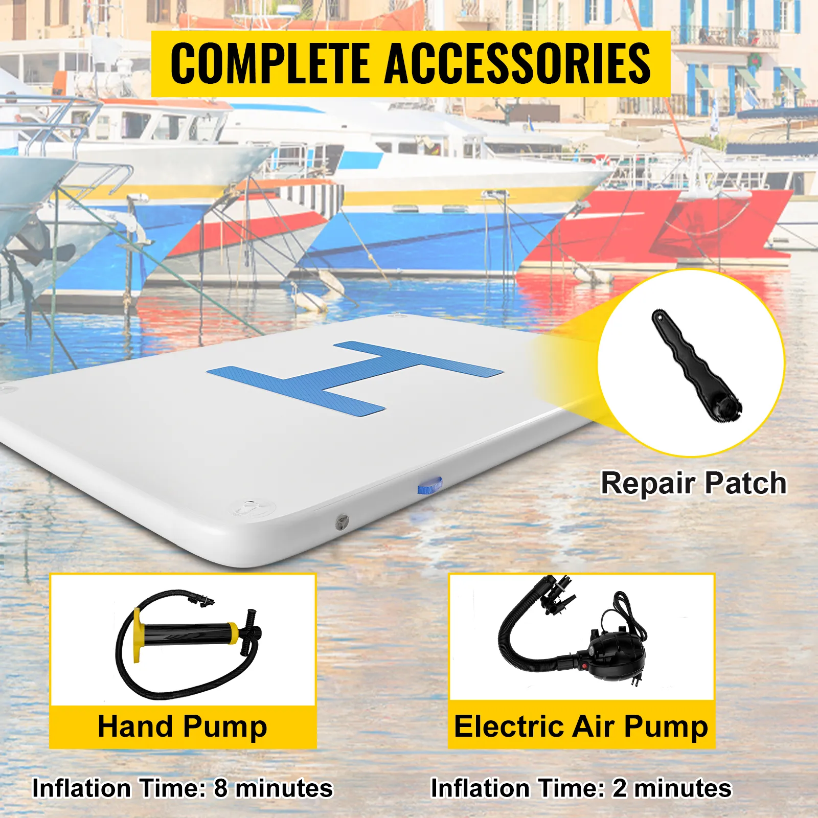 VEVOR inflatable dock platform with hand and electric air pump, repair patch.
