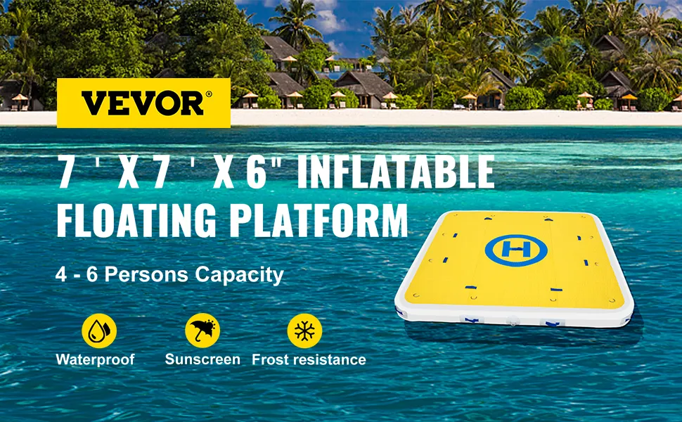 VEVOR inflatable dock platform on turquoise water near tropical huts, fits 4-6 people.