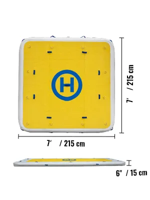 square yellow VEVOR inflatable dock platform with a blue h and dimensions 7’ x 7’.