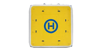 yellow VEVOR inflatable dock platform with blue h in center and white border.