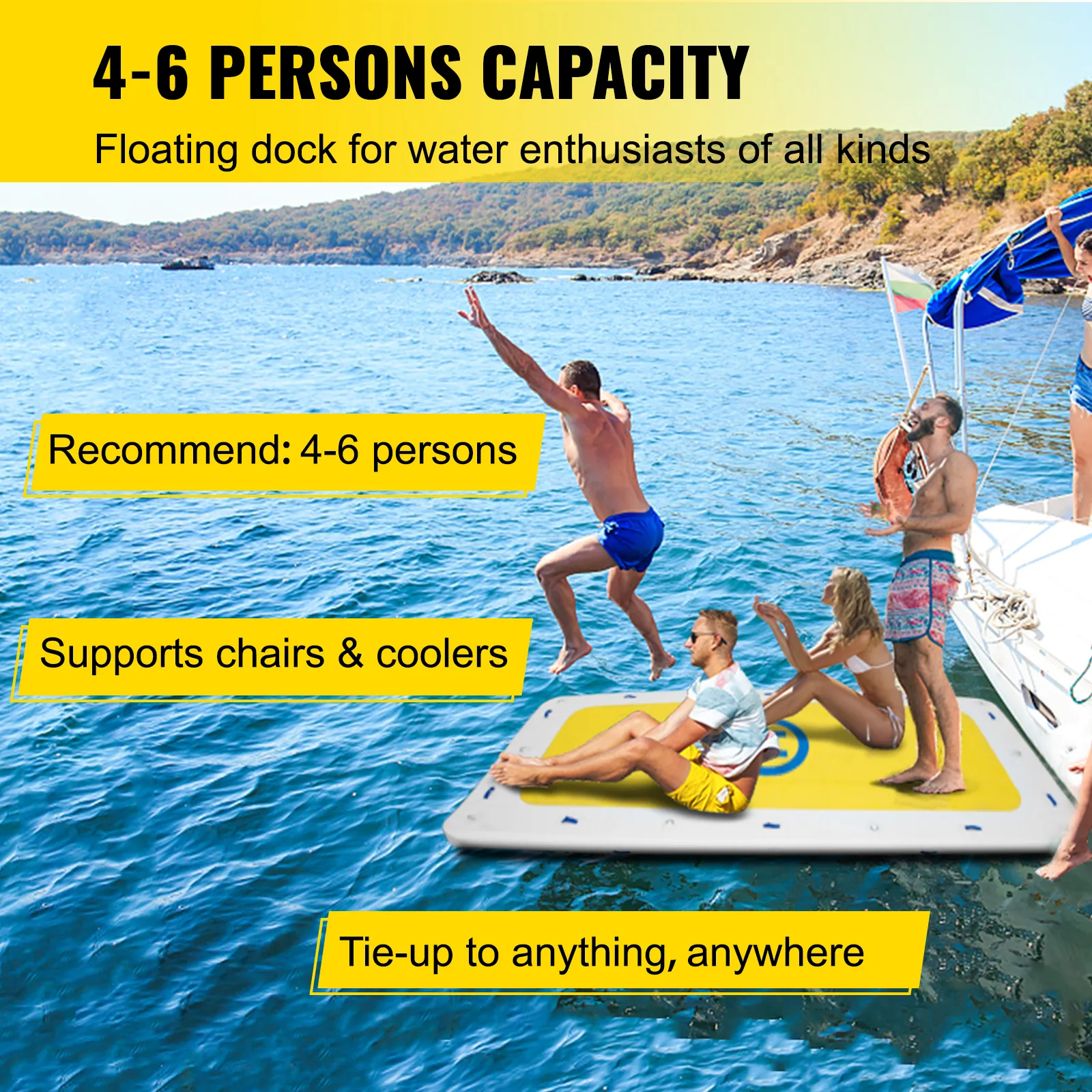 VEVOR inflatable dock platform supports 4-6 people on a floating dock by the water.