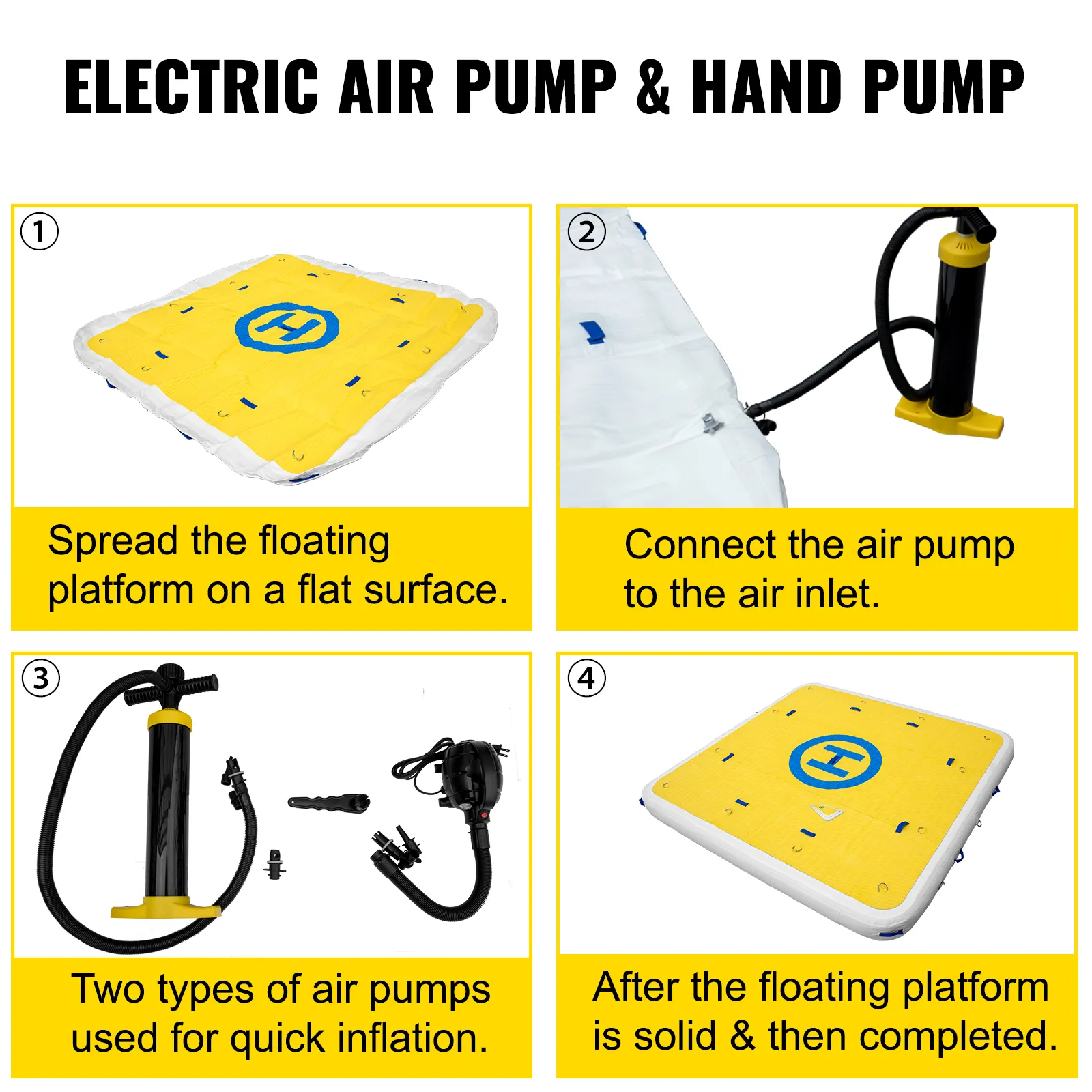 VEVOR inflatable dock platform setup with electric and hand air pumps.