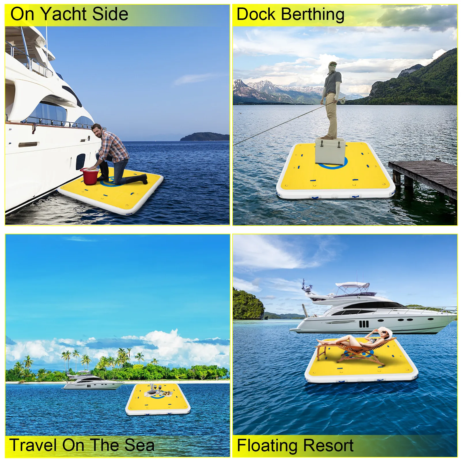 VEVOR inflatable dock platform used on a yacht, dock, sea, and floating resort.