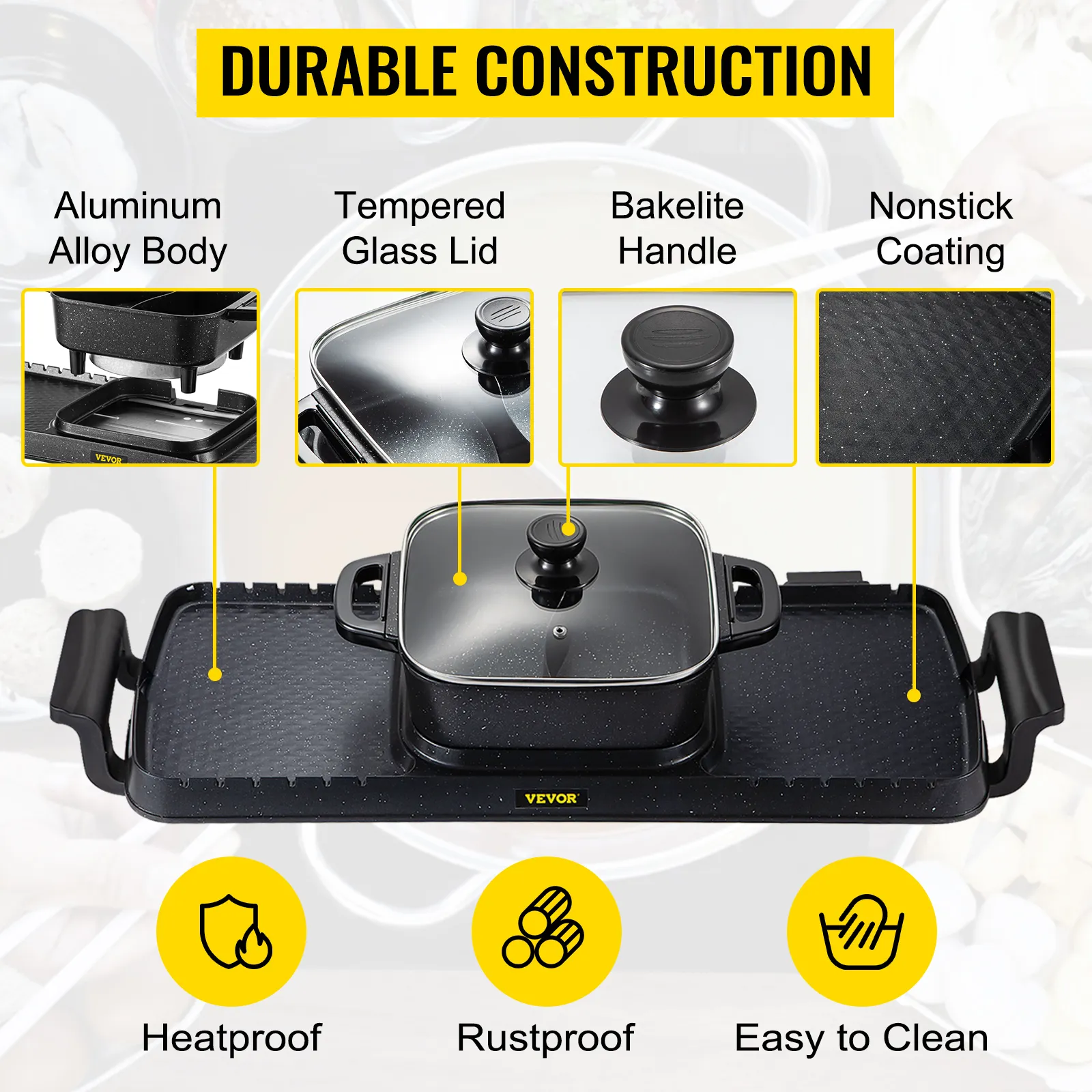 Parrilla eléctrica y olla caliente VEVOR con cuerpo de aluminio, tapa de vidrio templado y revestimiento antiadherente.