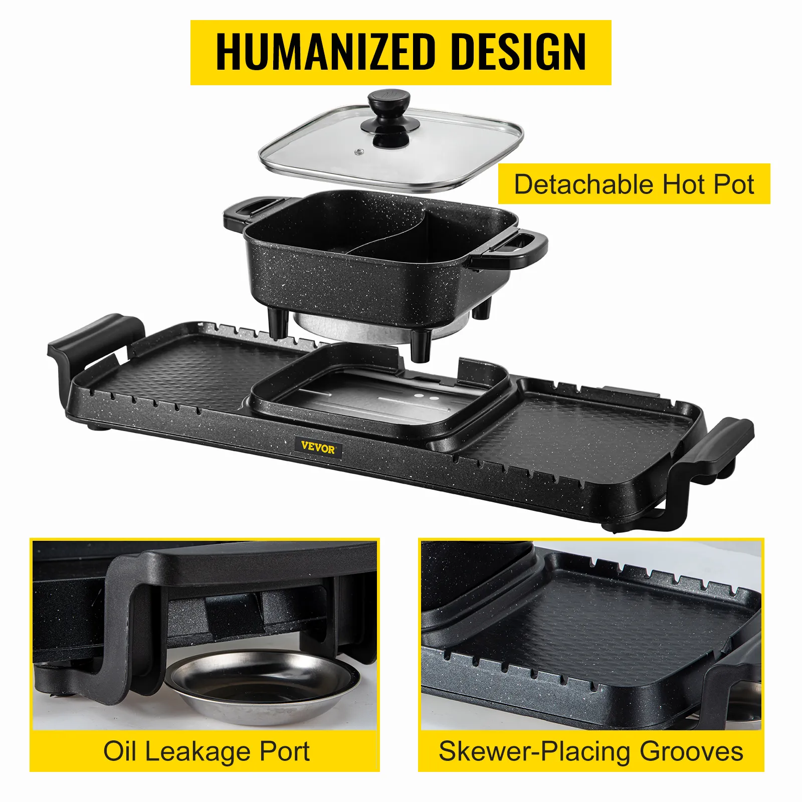 Parrilla eléctrica y olla caliente VEVOR con olla caliente desmontable, puerto de fuga de aceite y ranuras para brochetas.