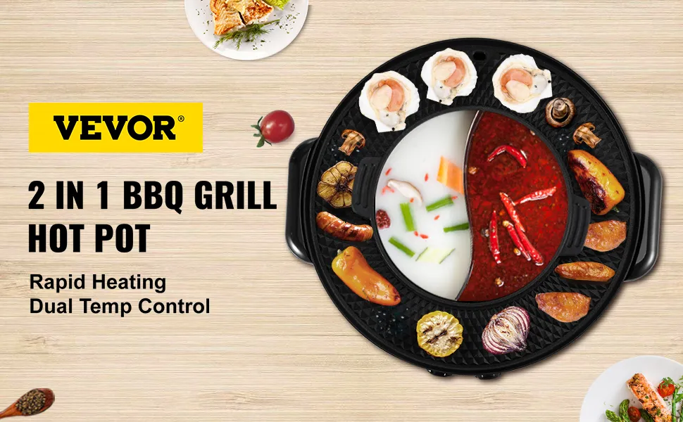 VEVOR electric bbq grill hot pot with rapid heating and dual temp control, food arranged.