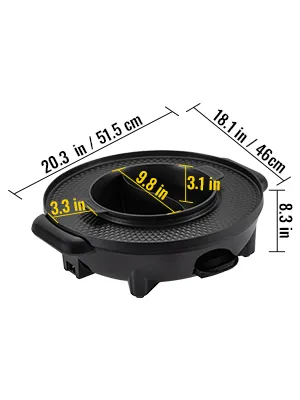 VEVOR electric bbq grill hot pot with measurements in inches and centimeters