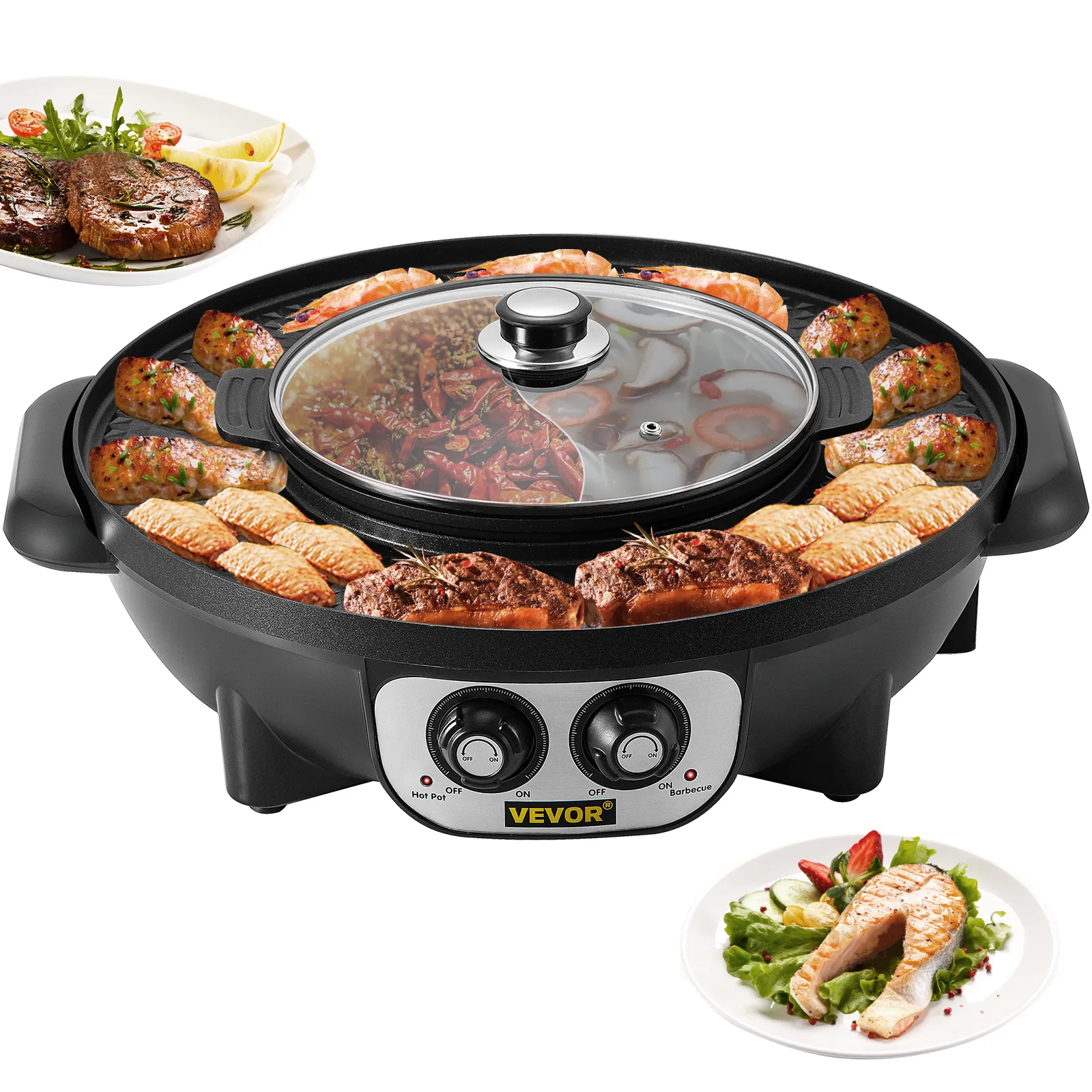 VEVOR electric bbq grill hot pot with grilled meat, seafood, and vegetables.