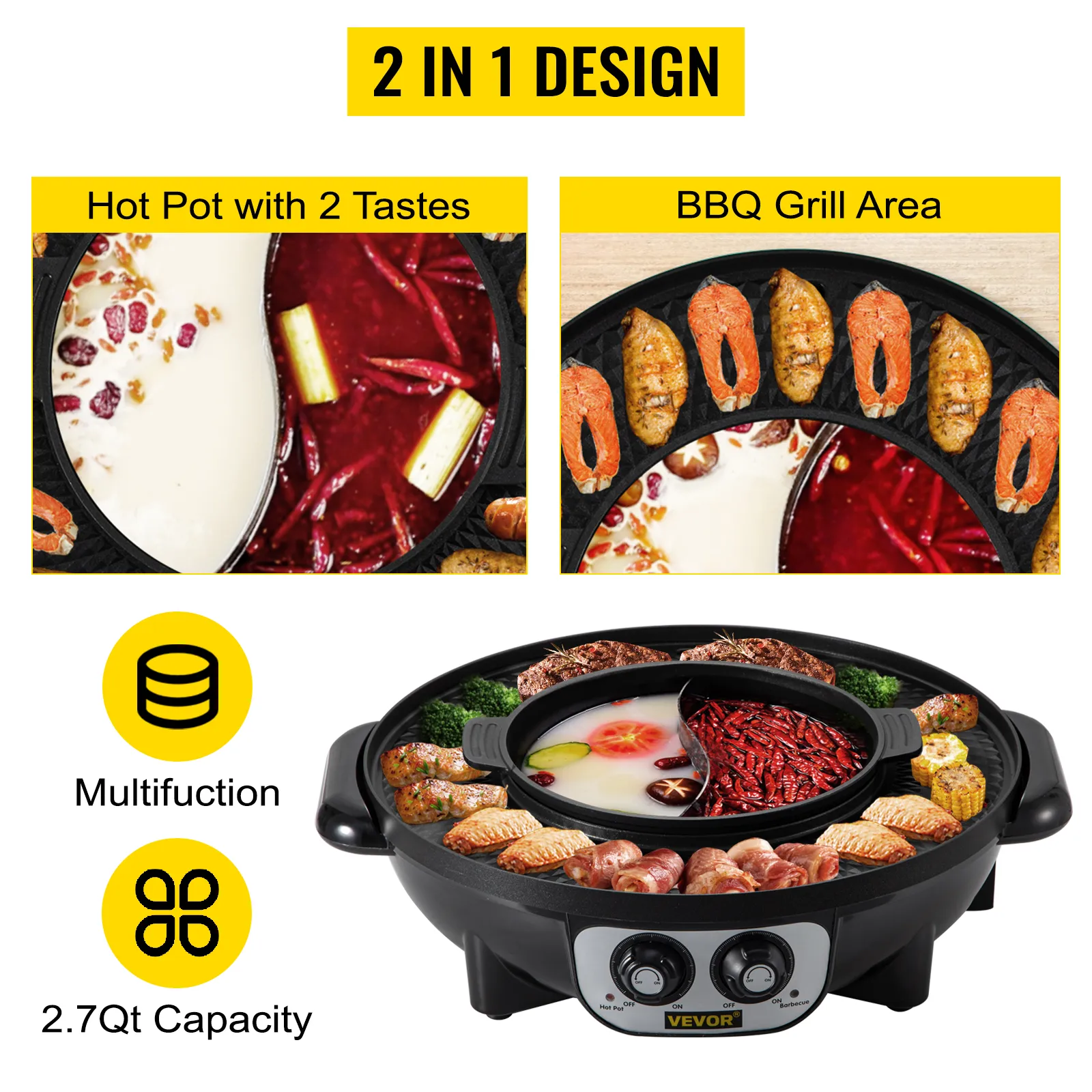 VEVOR electric bbq grill hot pot with 2.7qt capacity and dual hot pot flavors.