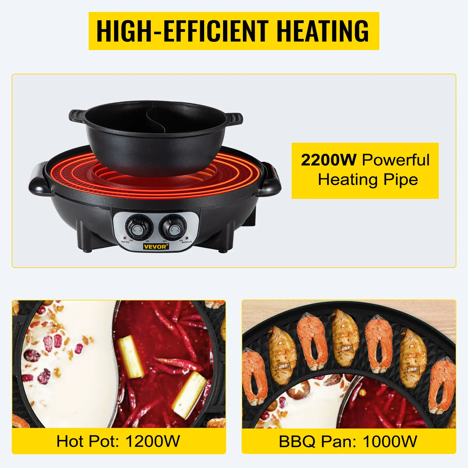 VEVOR electric bbq grill hot pot with high-efficient heating and dual control knobs.