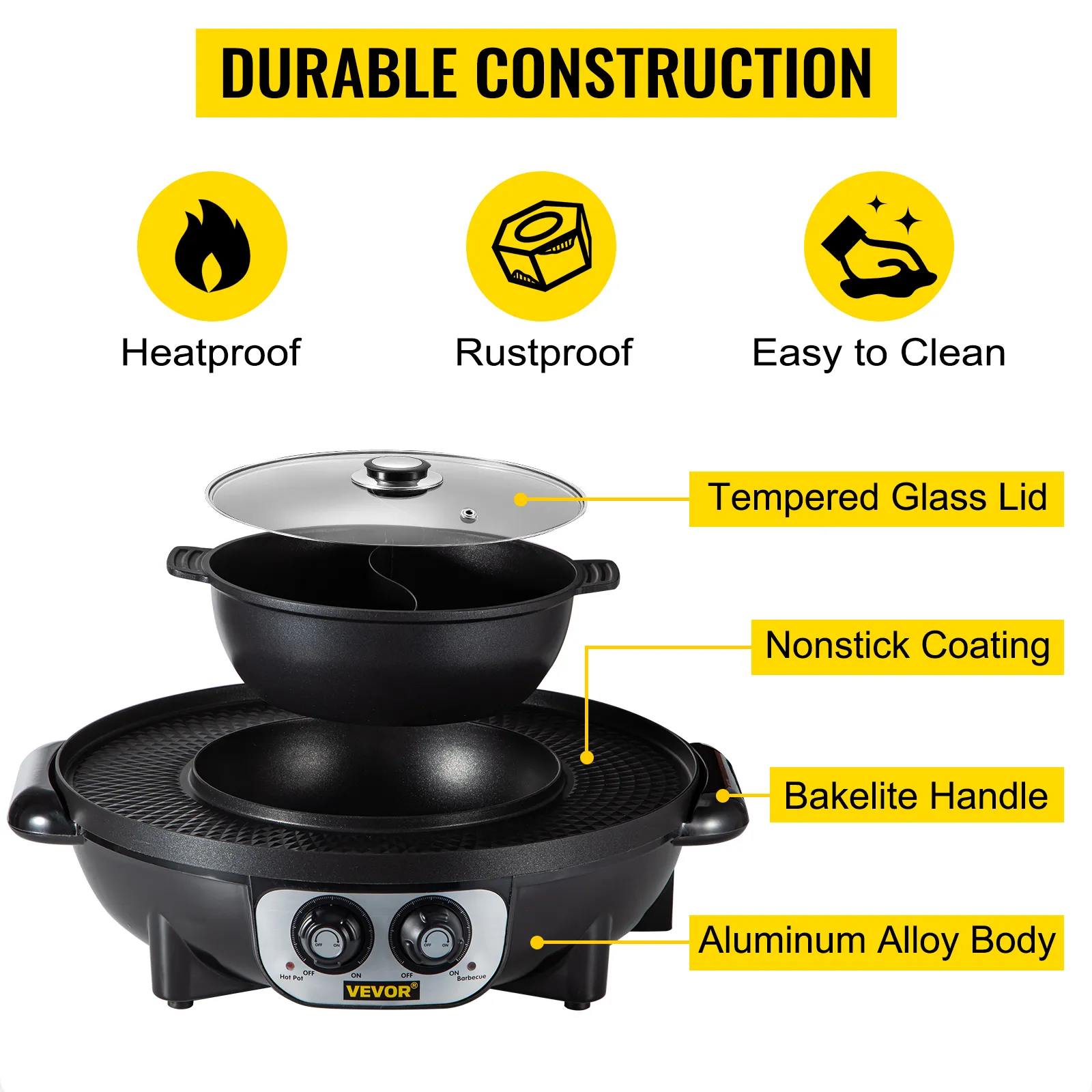 VEVOR electric bbq grill hot pot with glass lid, nonstick coating, and bakelite handle.