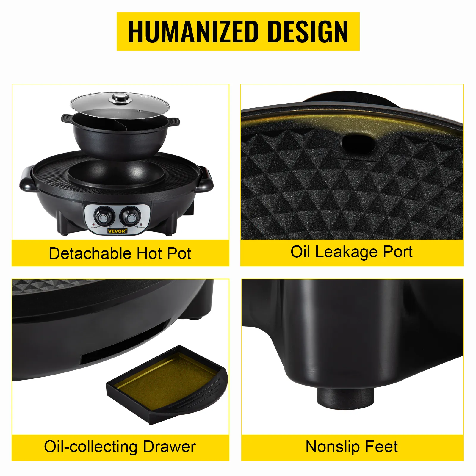 VEVOR electric bbq grill hot pot with oil leakage port and non-slip feet.