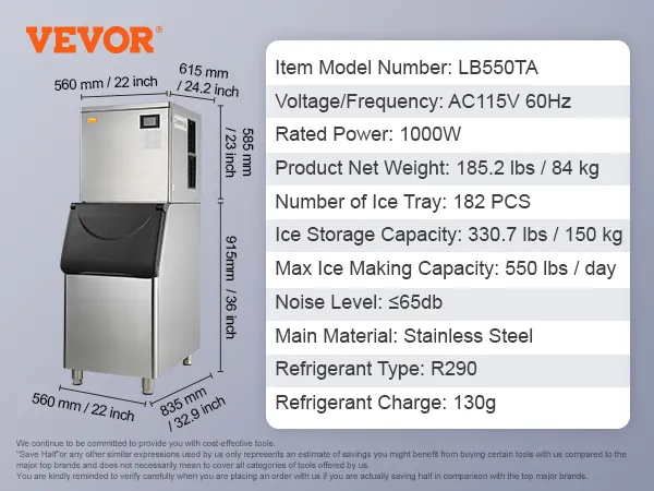 Dimensiones y especificaciones de la máquina de hielo comercial VEVOR, con cuerpo y capacidad de acero inoxidable.