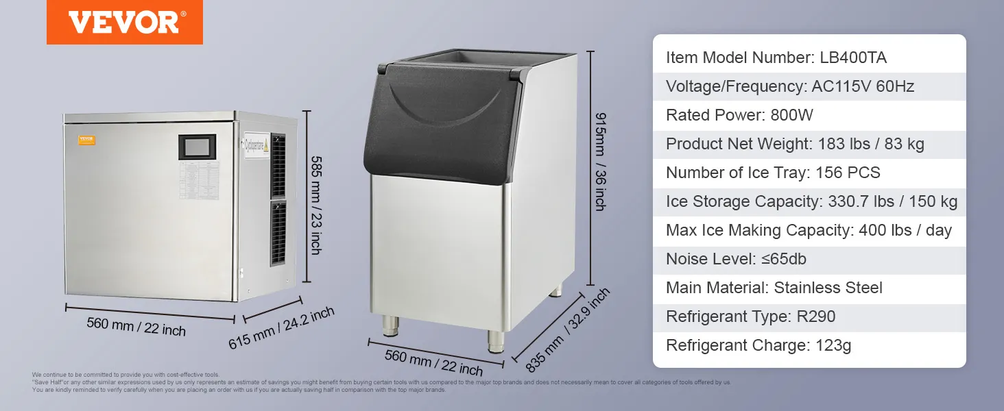 VEVOR commercial ice maker dimensions, specs, and features in a side-by-side comparison image.