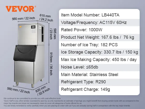 VEVOR commercial ice maker dimensions, features, and specifications against a light background.