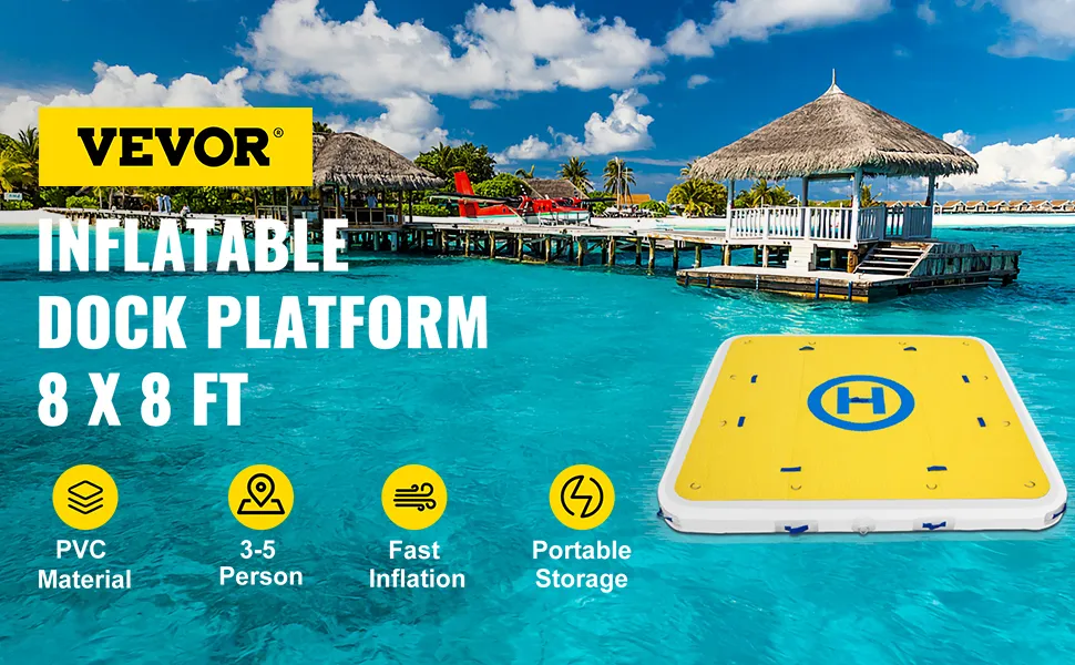 VEVOR inflatable dock platform 8x8 ft on turquoise water with beach huts in the background.