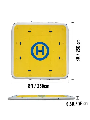 VEVOR inflatable dock, 8ft x 8ft x 0.5ft, yellow with blue "h" in center.