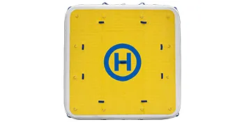 yellow VEVOR inflatable dock with "h" symbol in blue. square shape, white border.