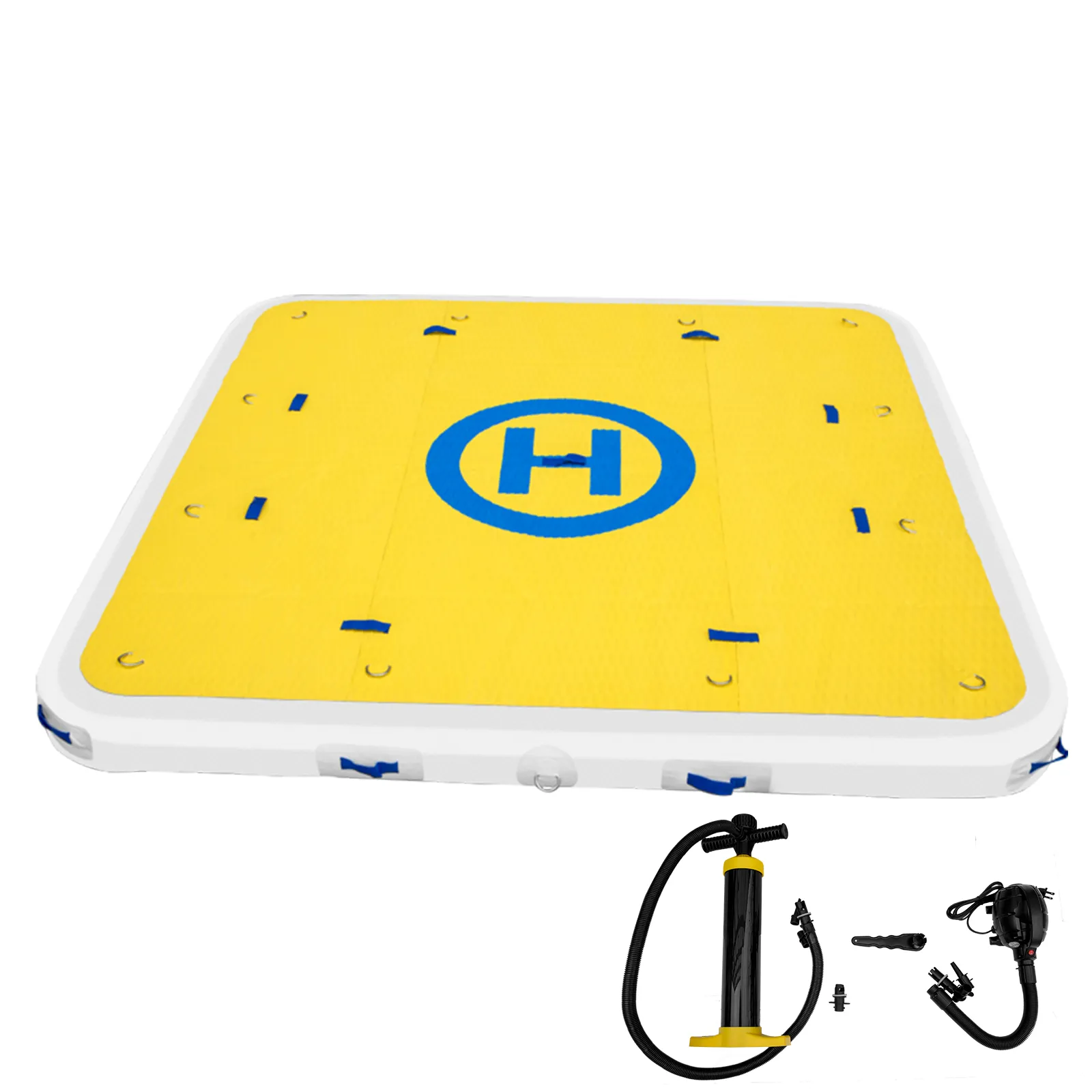yellow square VEVOR inflatable dock with h symbol, hand pump, and accessories.