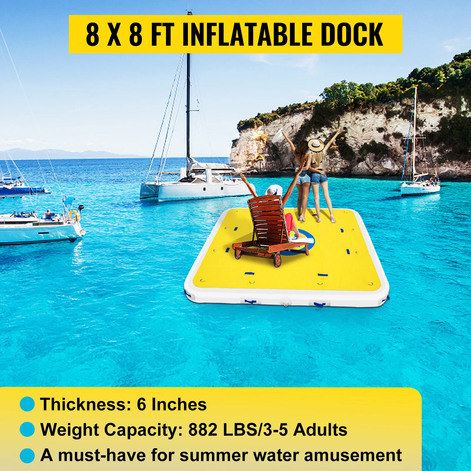 VEVOR inflatable dock on turquoise water with boats and rocky cliffs in the background.