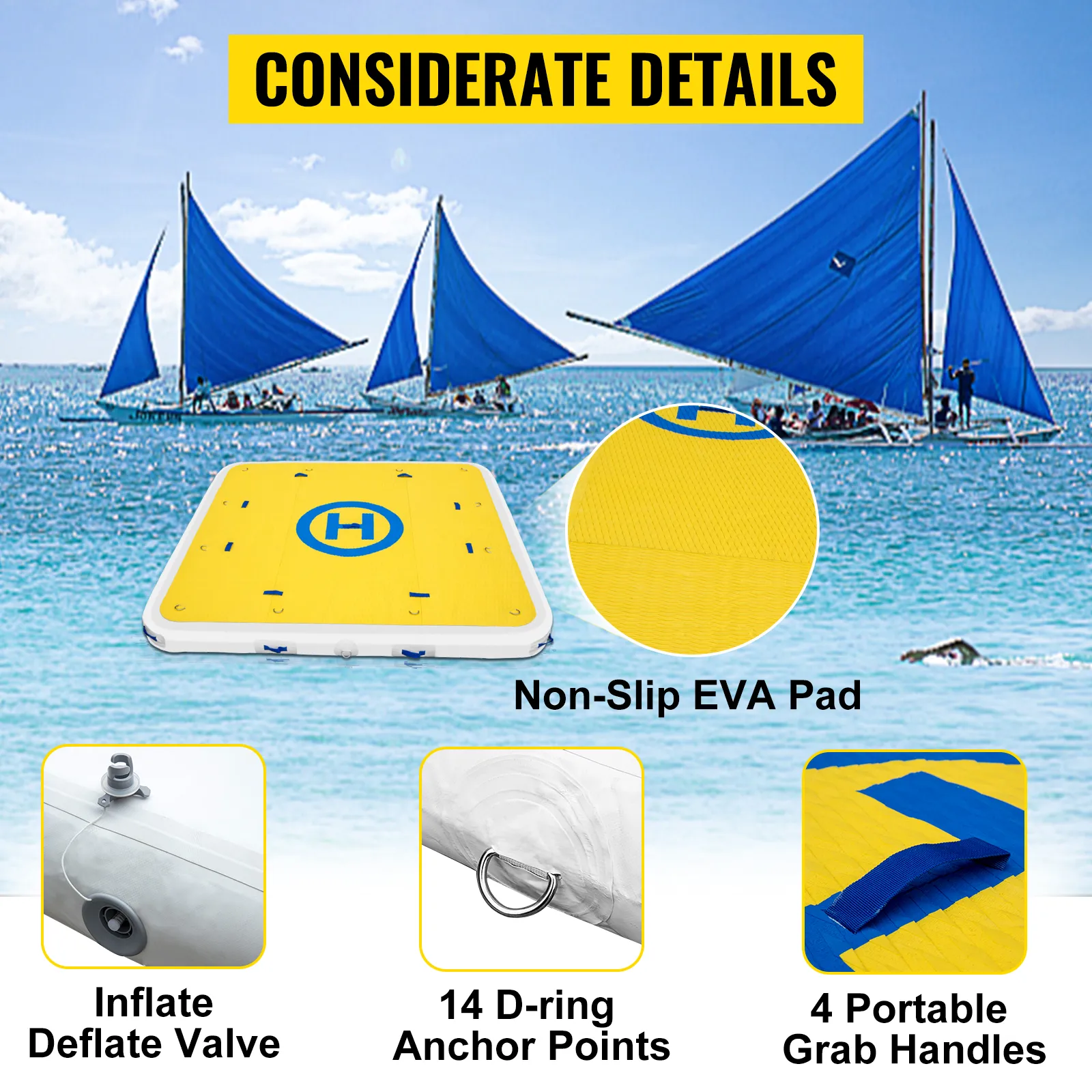 VEVOR inflatable dock with non-slip eva pad, d-ring anchor points, and grab handles.