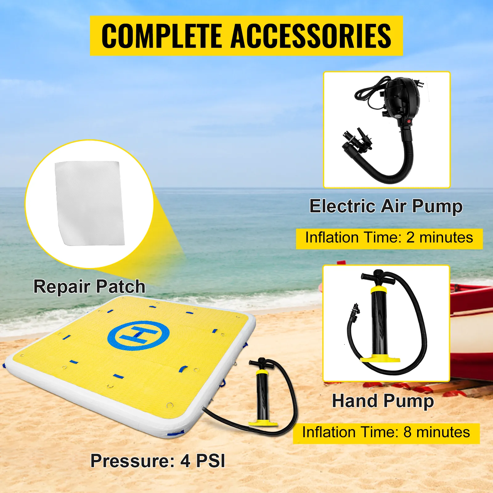 VEVOR inflatable dock with electric and hand pumps, pressure gauge, and repair patch.