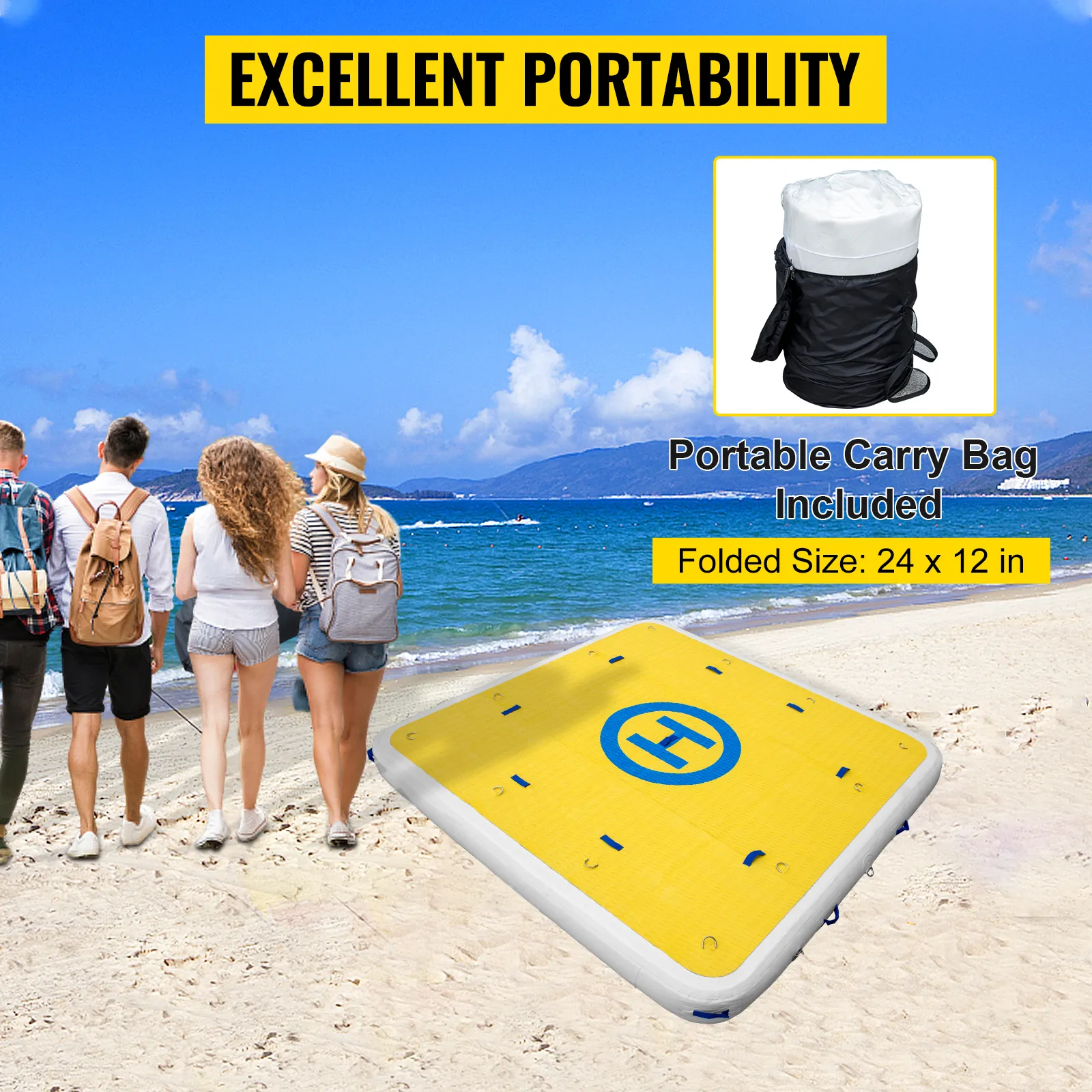 VEVOR inflatable dock on beach with carry bag; folded size: 24 x 12 inches.