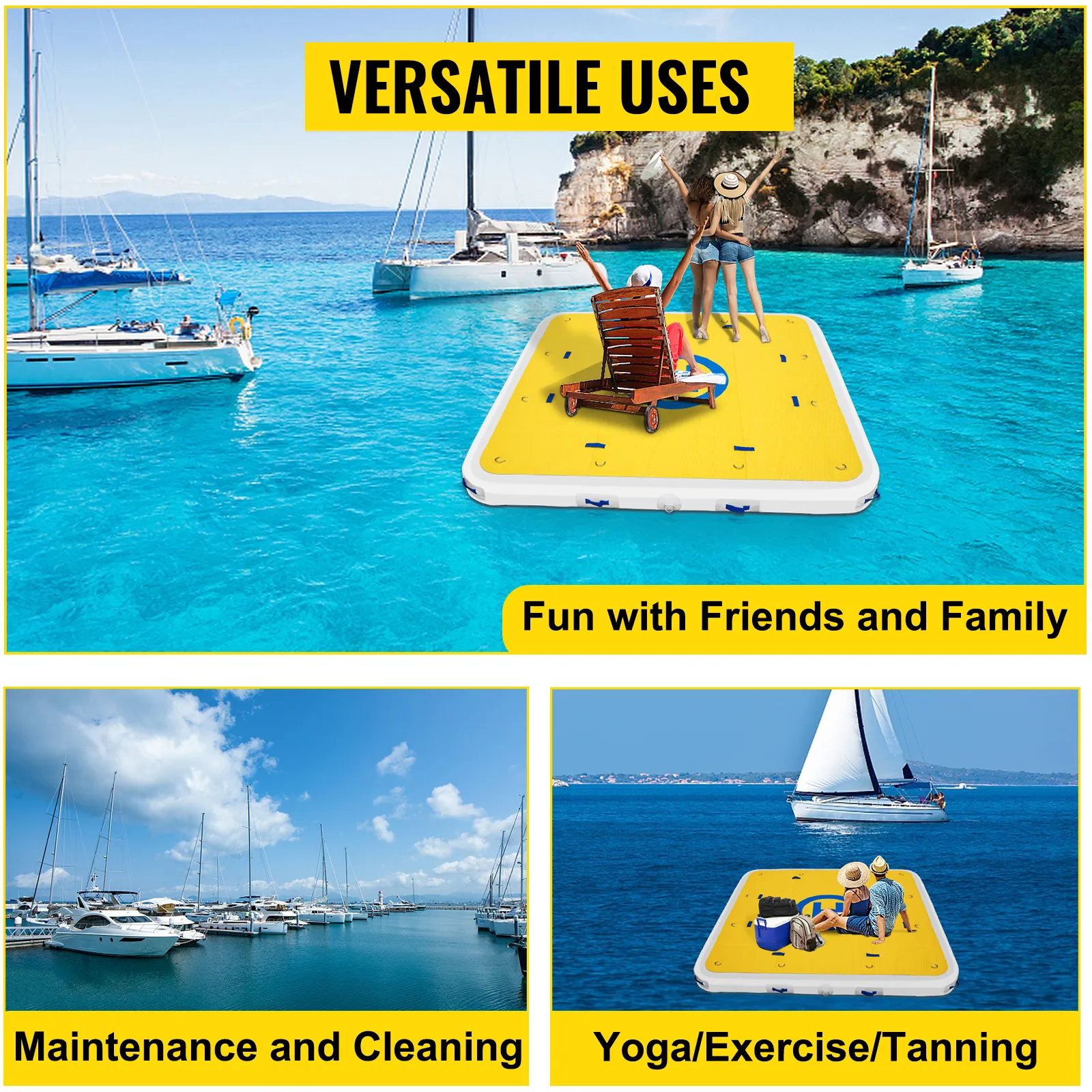 VEVOR inflatable dock for fun, maintenance, yoga, exercise, and tanning on water.